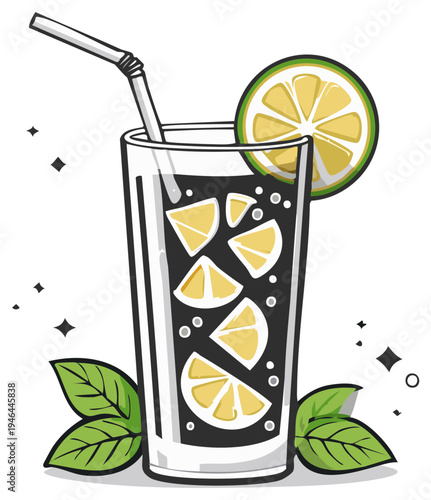 Tall glass of dark beverage with ice, lime slices, and mint, topped with a straw and lime garnish