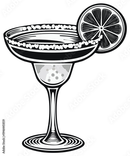Stylized vector illustration of a margarita cocktail drink with lime slice and salted rim.