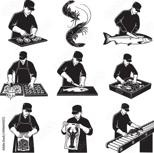 Set of 8 seafood preparation icons vector