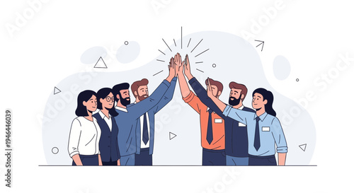 Teamwork high five, diverse business people celebrating success, unity and collaboration concept