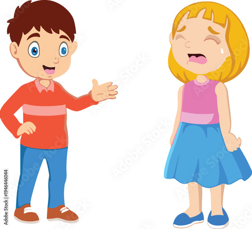 Crying girl with comforting boy illustration, emotional children character art, cartoon kids interaction design, cad drawing flat vector illustration