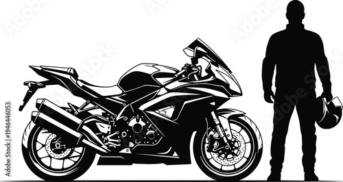Sport motorcycle silhouette, rider standing, helmet gear, racing bike, high performance, speed lifestyle, biking safety, adventure sport, vector illustration, flavector