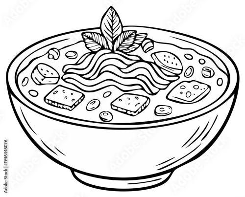 Black and white illustration of soup with noodles and tofu in a bowl, food vector art.