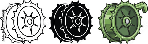 Collection of spiky agricultural wheels depicted in outline solid and detailed colored vector styles suitable for farming equipment design and game development