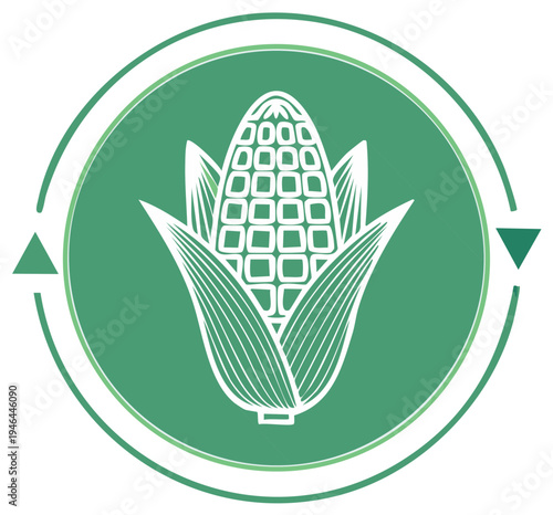 Stylized Green Icon of Fresh Corn on the Cob with Leaves Inside a Circle