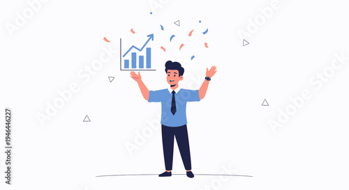 Man celebrating success with a rising graph and confetti, business growth concept