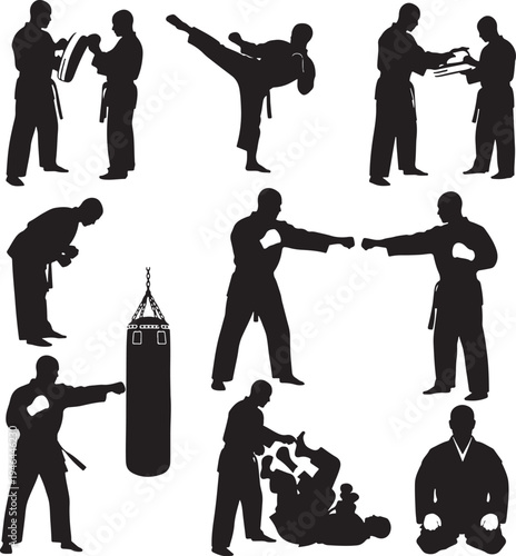 Set of 10 martial arts silhouettes vector