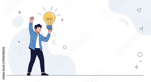 Man Holding Light Bulb, Idea Generation, Innovation, Success, Business Concept, Flat Design
