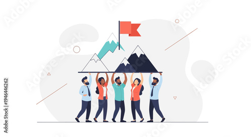 Teamwork climbing mountain with flag, business success, goal achievement, strategy, collaboration
