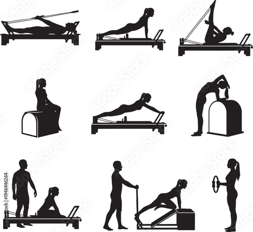 Set of 9 Pilates icons vector, black silhouette illustrations