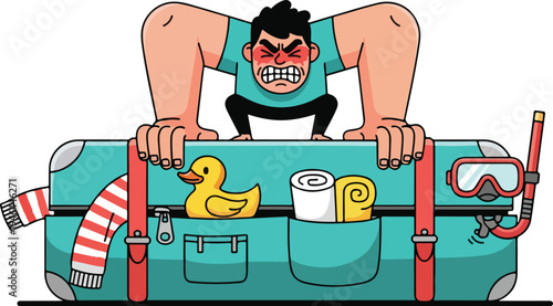 Person Attempting to Stuff Enormous Overflowing Suitcase Shut for Vacation