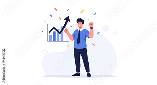 Successful businessman celebrating financial growth with rising graph and confetti