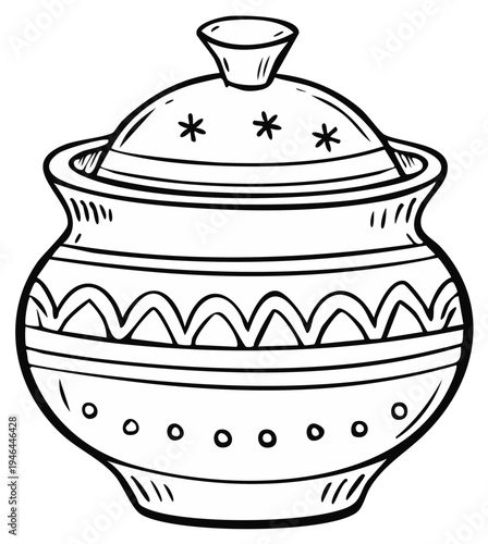 Outlined illustration of a decorative ceramic pot with a lid