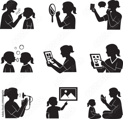 Set of 9 mother and child silhouette icons vector