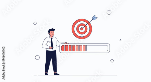 Businessman achieving goal with progress bar and target icon, business success concept