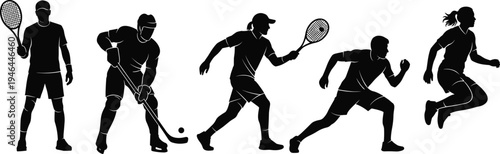 Sports silhouettes, tennis player, ice hockey, baseball runner, squash athlete, track runner, athletic motion, diverse sports, vector illustration, flavector