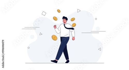 Businessman Walking with Falling Gold Coins, Financial Success Concept