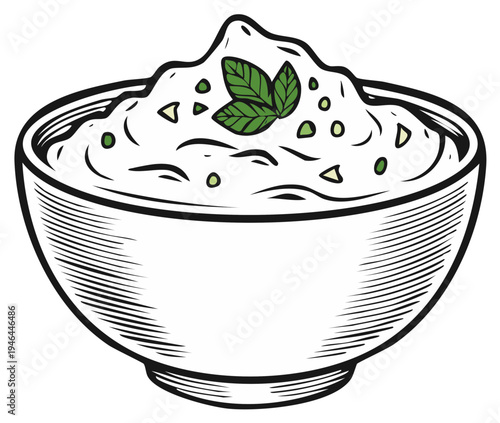 Creamy dip in ceramic bowl garnished with fresh mint leaves, food illustration