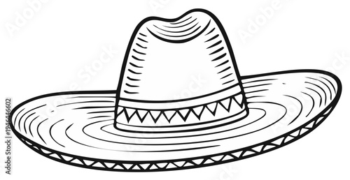 Mexican Sombrero Hat Illustration Black and White Vector