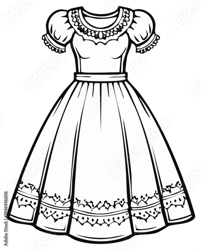 Elegant Dress with Lace, Puff Sleeves, Vintage Fashion Illustration in Black and White