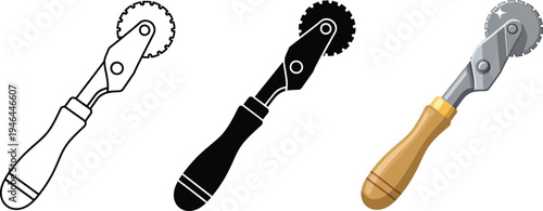 Set of pastry wheel or ravioli cutter illustrations featuring outline silhouette and colored vector designs for culinary and kitchen concepts