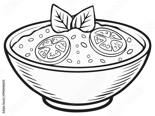 Line Art Illustration of a Bowl of Soup Garnished with Tomato Slices and Basil Leaves