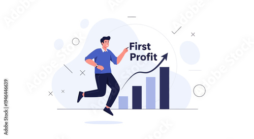 Man running towards first profit graph, business growth concept illustration