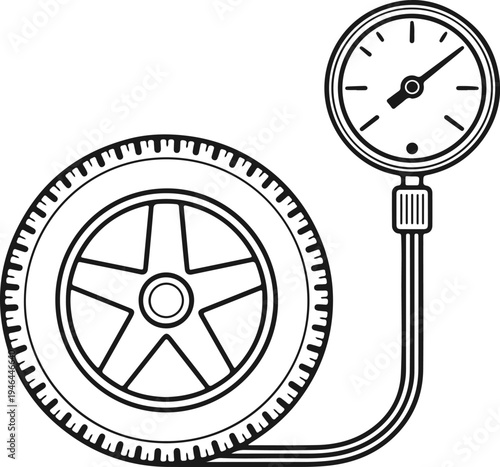 Car Tire with Pressure Gauge Line Art Illustration for Automotive Maintenance and Vehicle Service Concepts