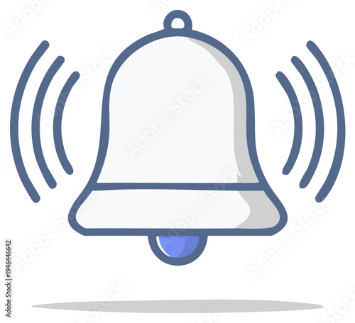 Cartoon illustration of a ringing bell with sound waves, concept of notification and alert, icon