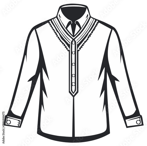 Stylized Shirt Icon Design with Detailed Embroidery and Buttoned Placket Black and White Clothing Apparel