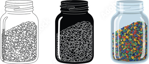 Versatile set of storage jars filled with small granular particles featuring outline silhouette and vibrant color vector illustrations suitable for packaging design or craft concepts