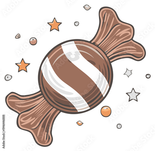 Wrapped brown candy with white stripes illustration, sweet treat for children and adults.