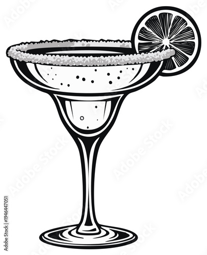 Classic margarita cocktail illustration with lime wedge and salt rim, monochrome style.