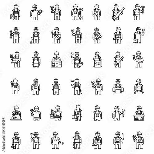 Collection of Line Art Icons Depicting Construction Workers and Professionals with Tools, Equipment, and Blueprints