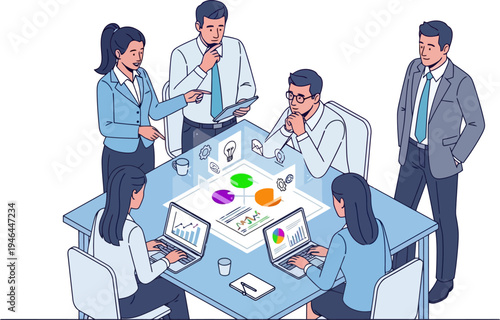 Executive team reviewing holographic data charts in high-tech boardroom