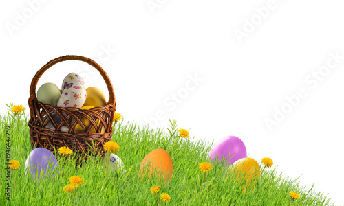 Easter eggs and wild flowers in grass isolated on transperent