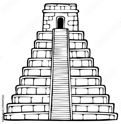 Ancient stepped pyramid illustration black and white