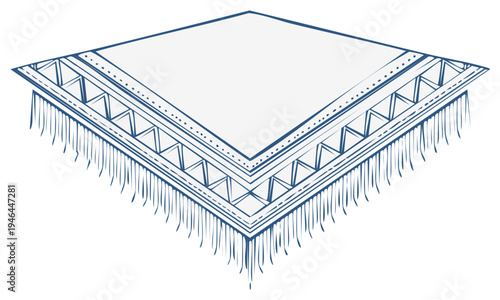 Isometric line drawing of a bohemian throw blanket with a geometric tribal pattern and fringe