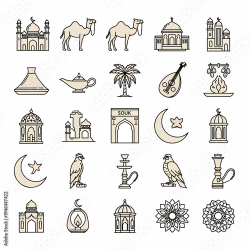 Collection of Islamic culture icons featuring mosques camels dates palm trees lanterns and other traditional symbols