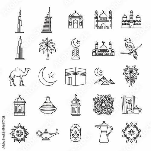 Collection of Islamic Cultural Symbols and Landmarks Including Mosques, Kaaba, Camel, Falcon, Pyramids and Traditional Lanterns