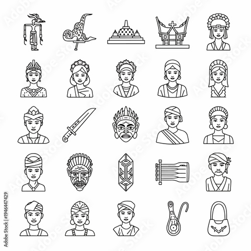 Collection of Indonesian cultural icons and symbols featuring traditional clothing, architecture, and artifacts