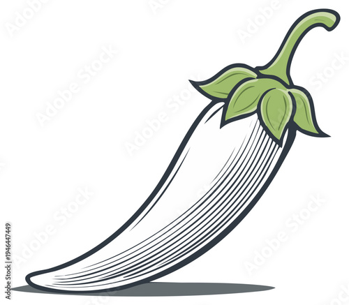Stylized Illustration of a Jalapeno Pepper with Green Sepals and Black Line Art on a White Backdrop
