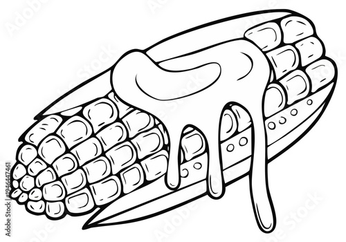 Cartoon drawing of an ear of corn with melting butter flowing over the kernels