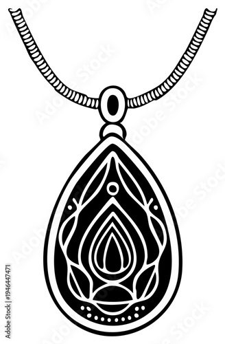 Elegant teardrop pendant necklace with ornate swirling design black and white illustration