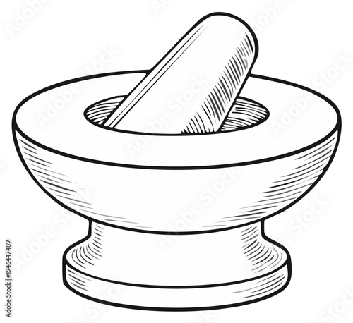 Monochrome Mortar and Pestle Sketch Traditional Grinding Utensil Illustration