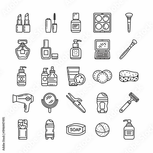 Collection of Hygiene and Beauty Product Icons Vector Set Black Outline Various Bathroom Cosmetics and Personal Care Items