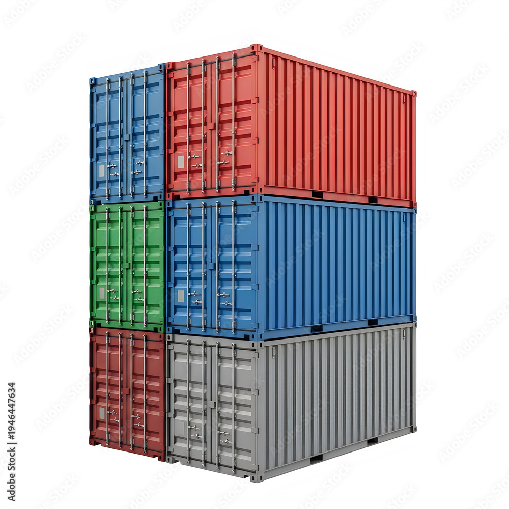 Fototapeta premium Stack of colorful shipping containers isolated on transparent background