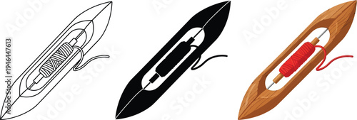 Set of traditional weaving shuttles with thread bobbins presented in outline silhouette and colored styles ideal for textile craft and industry designs