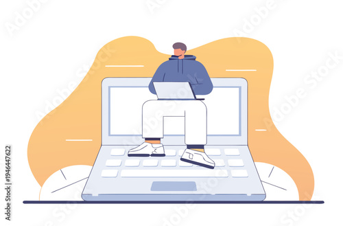 Digital efficiency: Man on a large laptop, actively working on a small notebook.