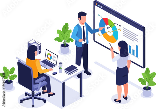 Marketing expert explaining market share distribution via pie chart